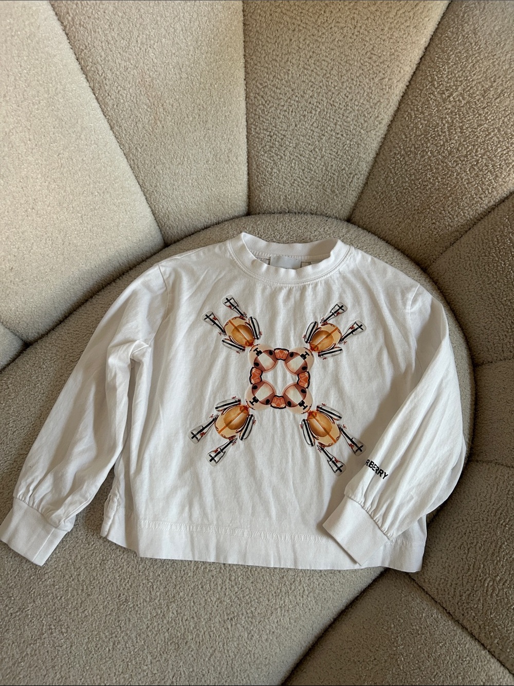 Burberry White Long-Sleeve Tee with Orange & Brown Graphic
